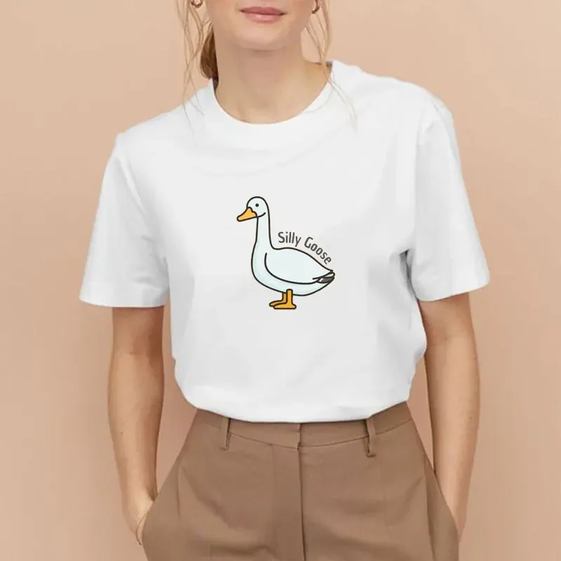 Camiseta de Algodão de Manga Curta para Mulheres e Crianças, Camiseta Estampada Paz, Casual Street Wear Top, Desenhos Animados Engraçados, Estampa de Pato, Não Tem Opção