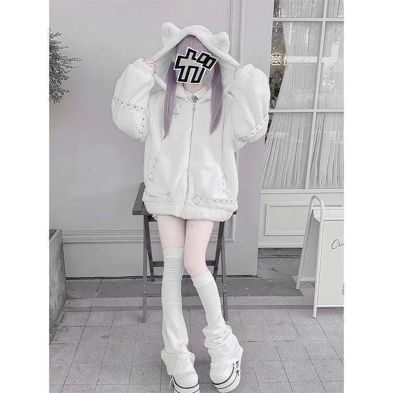 

Y2k Vintage Long Sleeve Hooded Coat Women Casual Streetwear Solid Color Patchwork Jacket Zipper Slim Sweet Kawaii 2025 Autumn