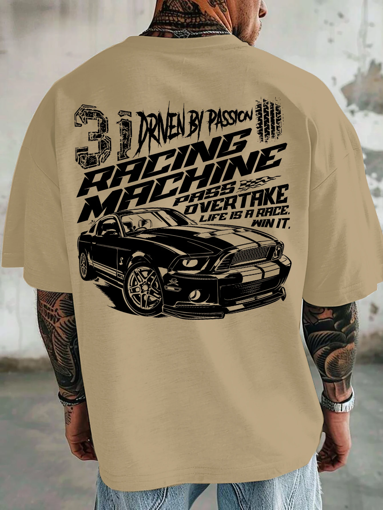 Men Oversized T-Shirt Mustang Racing Car Back Print Tee Racing Machine Streetwear Unisex Pink Summer Short Sleeve Top