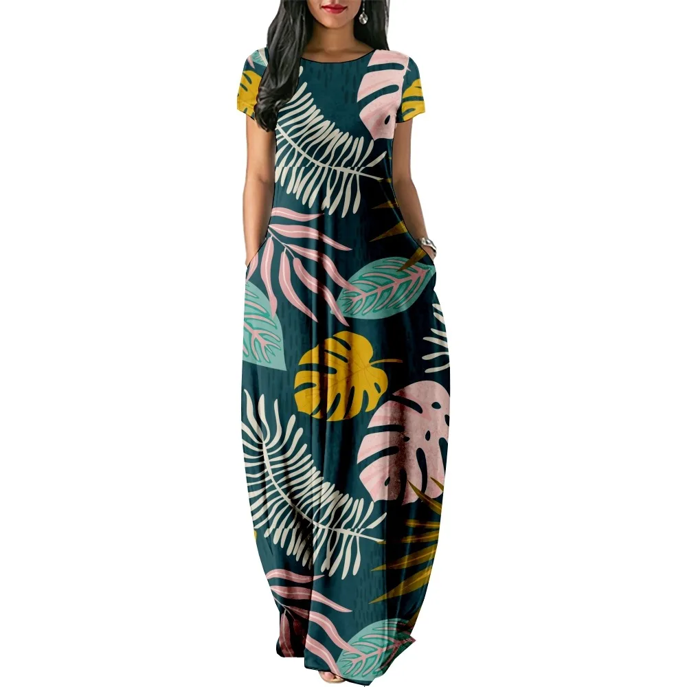 

floral and polka dot Print Women Casual Short Sleeve Dress Loose Long Double Pocket Beach Vacation Woman Dress