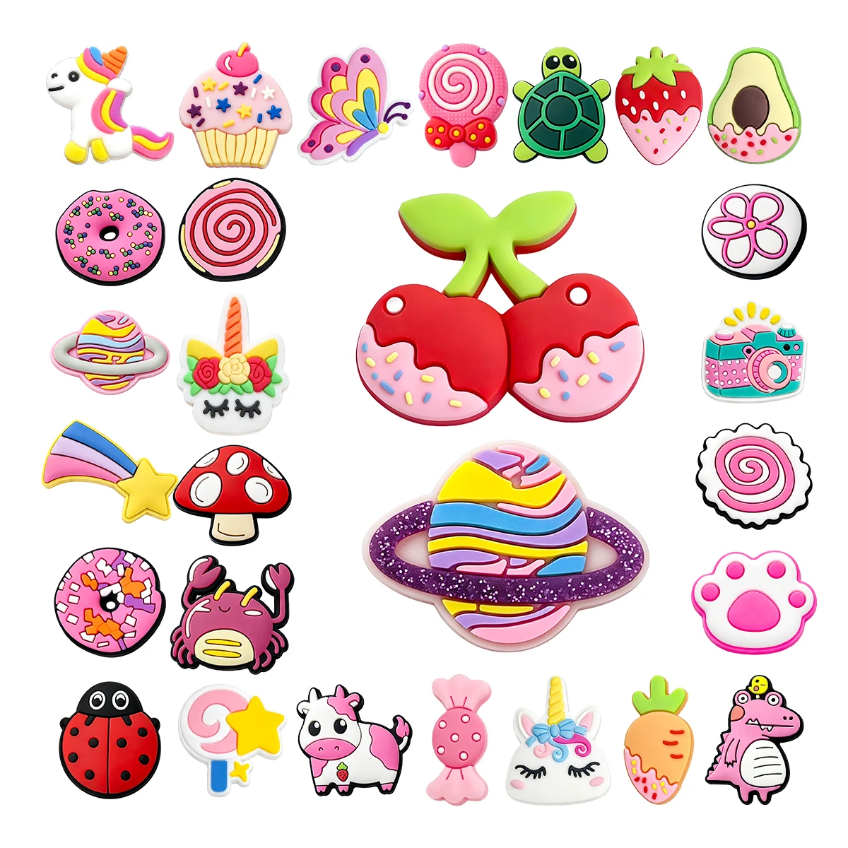 28Pcs Cartoon Cherry Cake Butterfly Candy Carrot Cow PVC Pink Sandals Shoe Charms Accessories Designer Decoration Fit Women Gift