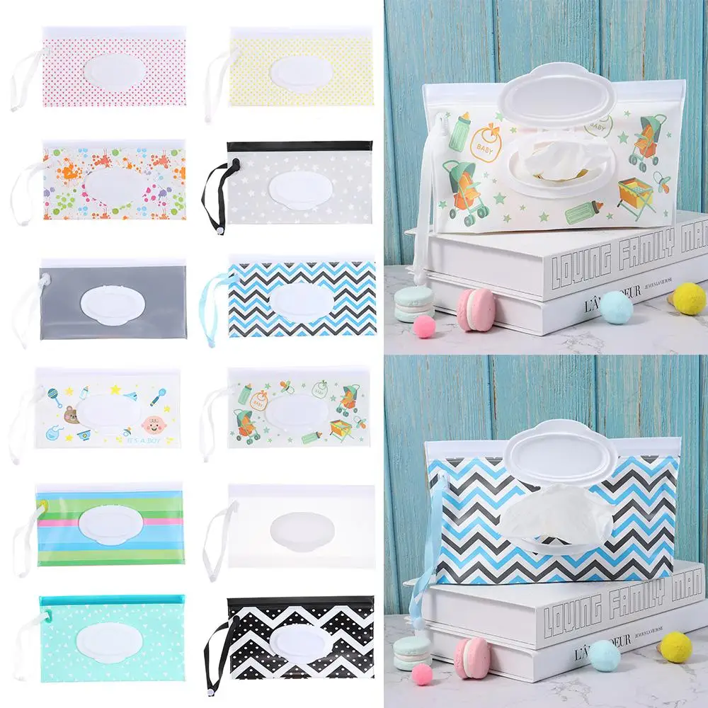 Cute Stroller Accessories Wet Wipes Bag Portable Snap-Strap Tissue Box Flip Cover Cosmetic Pouch