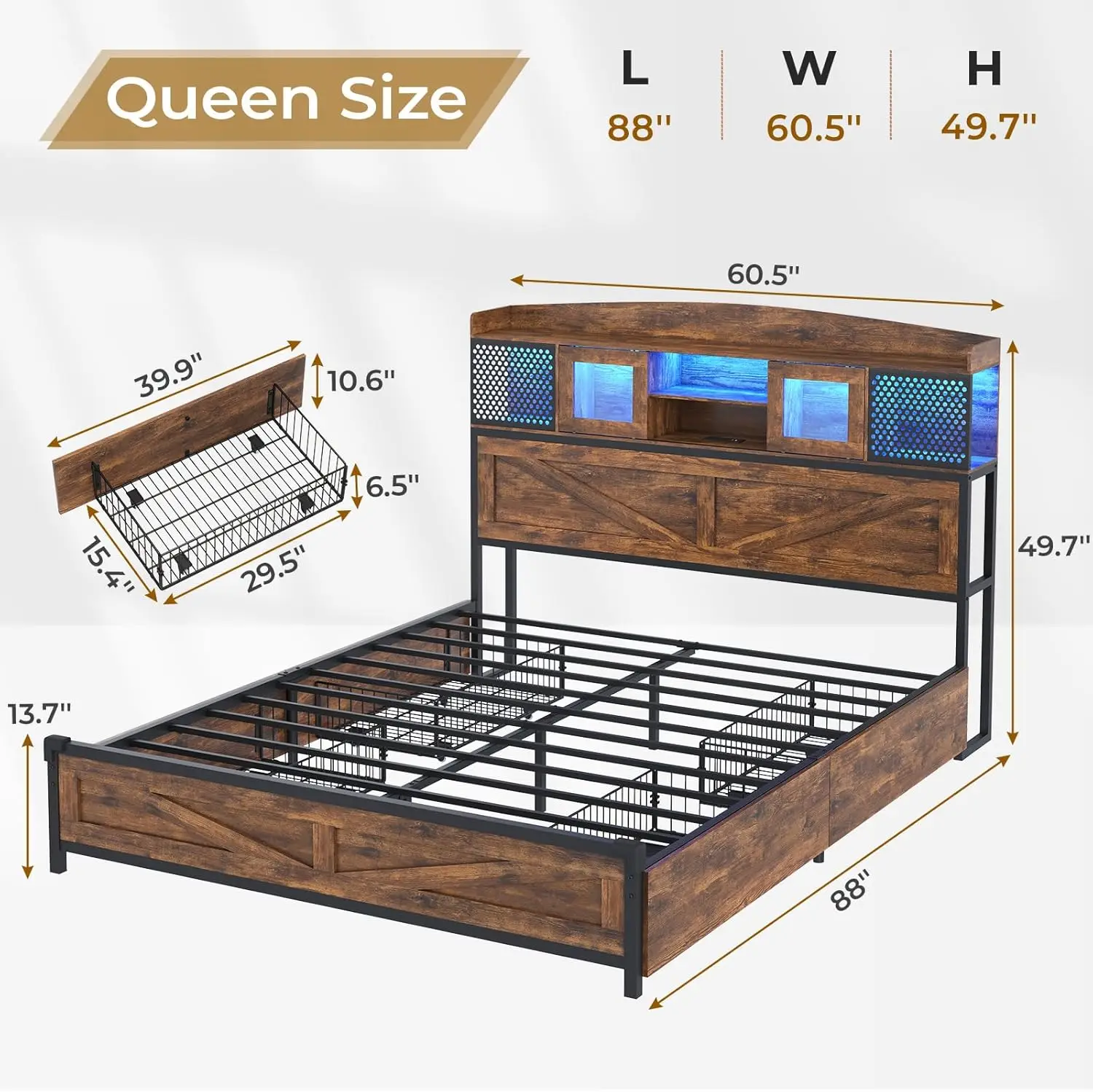 Queen Size Farmhouse Style Bed Frame with LED Lights Charging Station Rustic Brown Storage Headboard Sliding Doors Metal Steel