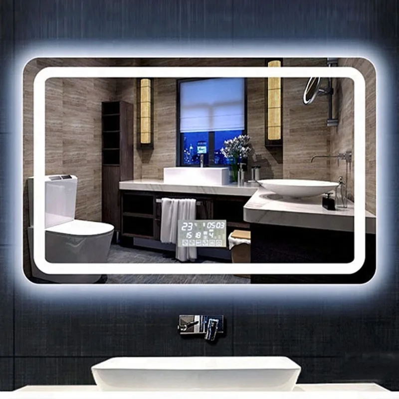 

Lit LED bathroom vanity mirror with mirror heater