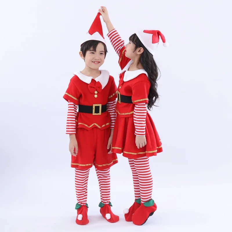 Boy Girl Christmas Santa Claus Costume Suit Xmas Party New Year Fancy Dress Clothes Set Children's Red Elf Cosplay Garment