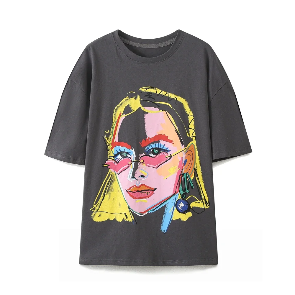 Tangada 2024 Summer Women Girl Print Cotton T Shirt Oversized Short Sleeve Ladies Casual Long Tee Shirt Wear Top TA20