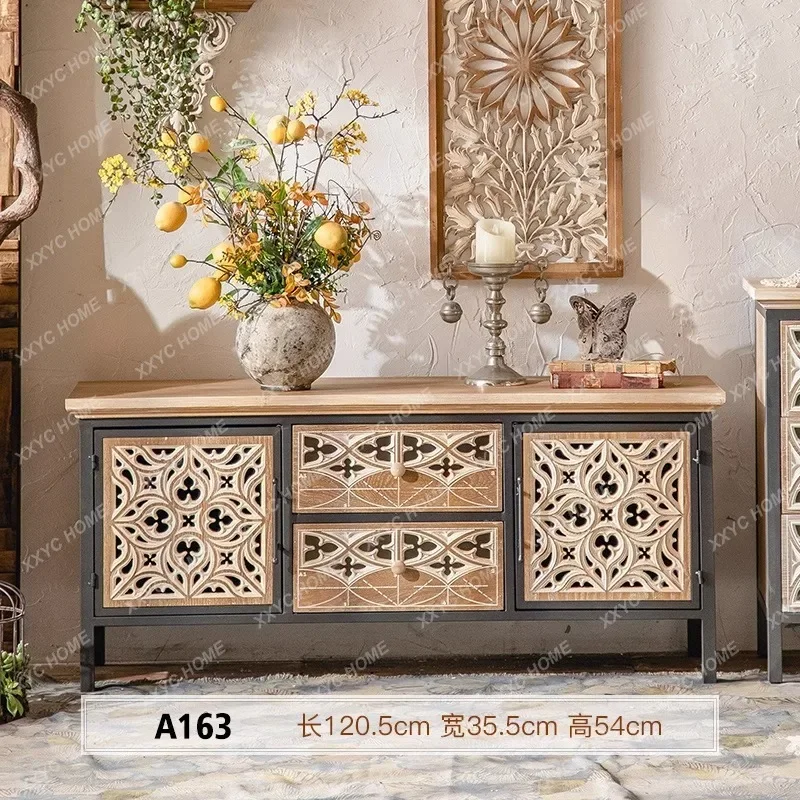 

L retro dining side cabinet solid wood space carved homestay living room entrance cabinet homestay decoration wall
