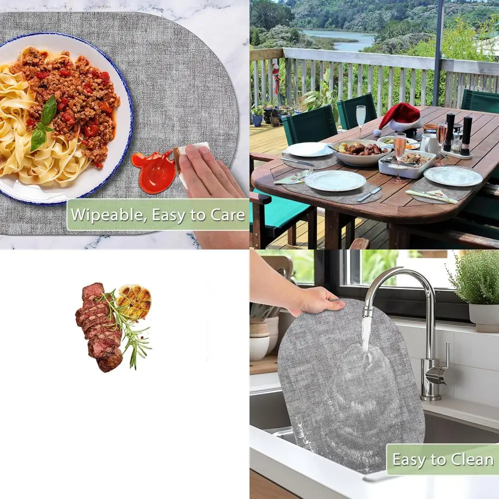 

Серые овальные моющиеся термостойкие салфетки, набор из 12 шт., нескользящие водонепроницаемые настольные коврики из искусственной кожи для внутреннего и наружного использования.