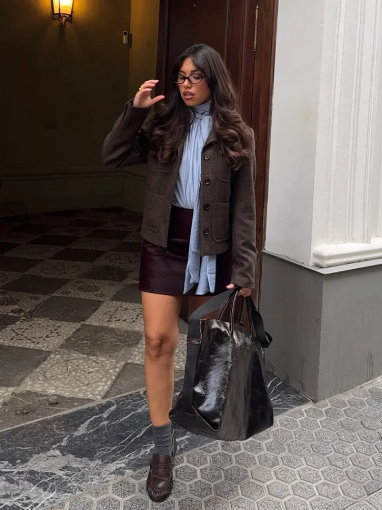 

Элегантное женское коричневое шерстяное пальто, повседневное свободное однобортное короткое пальто с лацканами и карманами, женские повседневные офисные куртки