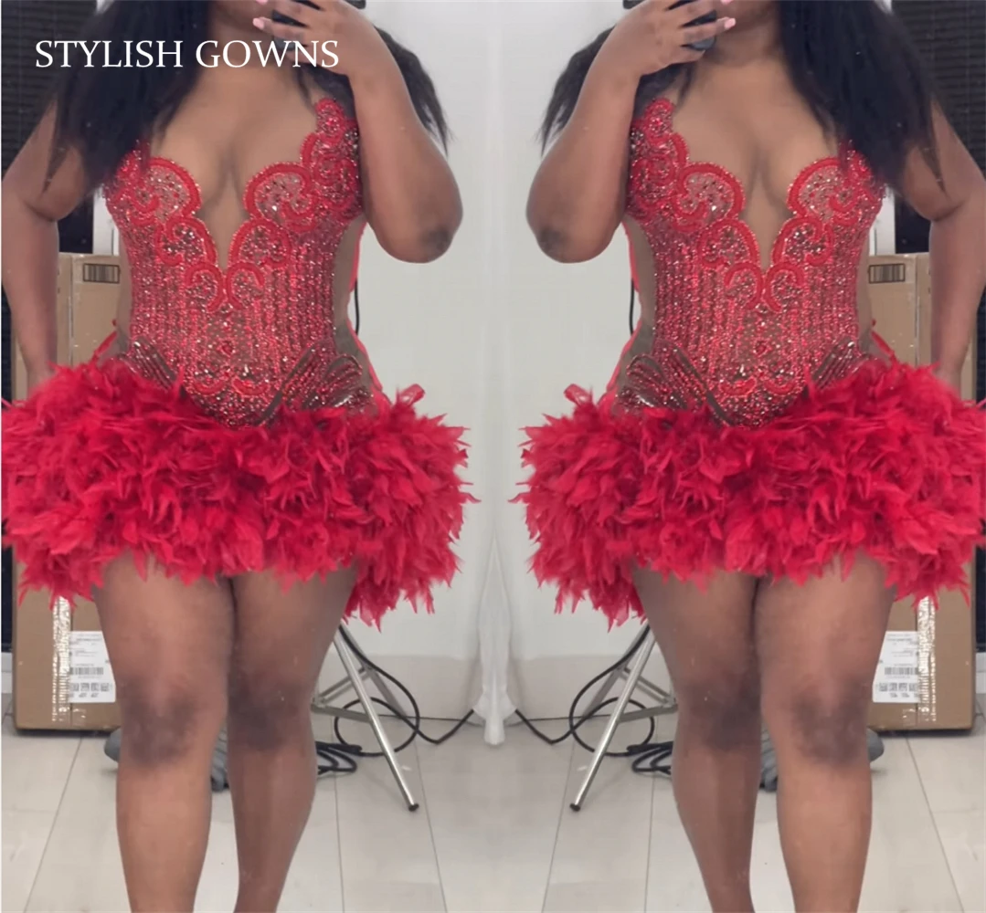 Red O Neck Short Prom Dresses Black Girl Bead Crystal Rhinestone 2024 Birthday Luxury Dress Feather Graduation Gown Homecoming