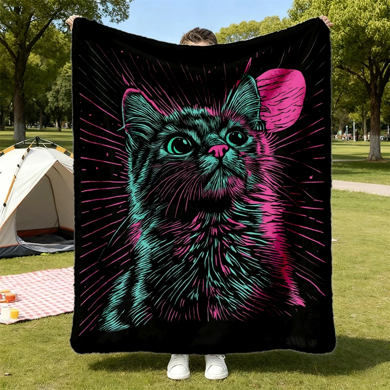 Psychedelic Cat Flannel Blanket Trippy Streetwear Vaporwave Aesthetic Unisex Flannel Throw Y2K Cozy Blanket Rave Wear We