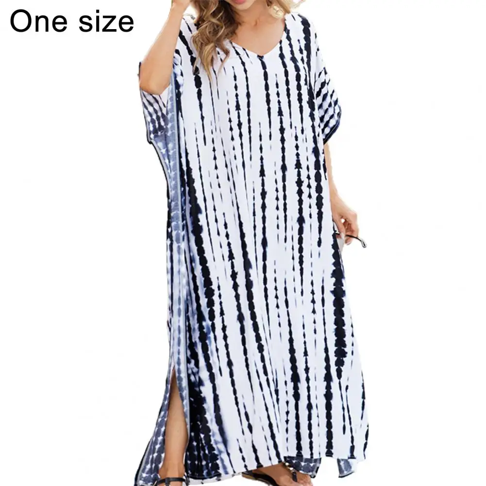 Swimsuit Cover Up Irregular Print Loose V Neck Pullover Bikini Cover Up for Beach