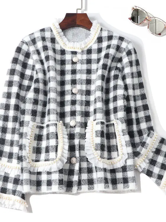 New Black fungus lace checkered contrasting knitted short Coats jacket PI0T33