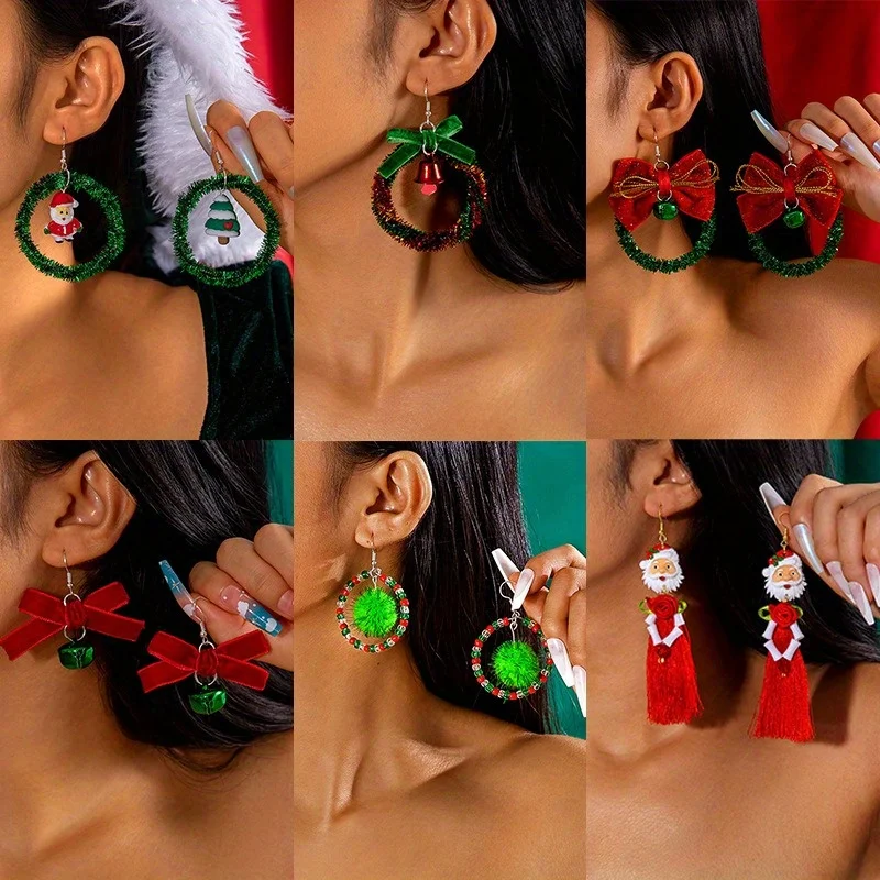 

Christmas Tree Bow Colorful Flower Wreath Earrings Bells Christmas Series Earrings Party Daily Holiday Gifts
