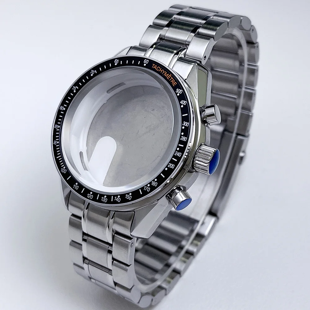 Das 39,7mm VK63 Uhrengehäuse ist Silber-Weiß und Blau-Schwarz, mit silberbeschichtetem Glas und VK63 Quarz-Chronograph-Armband. – Detail 7