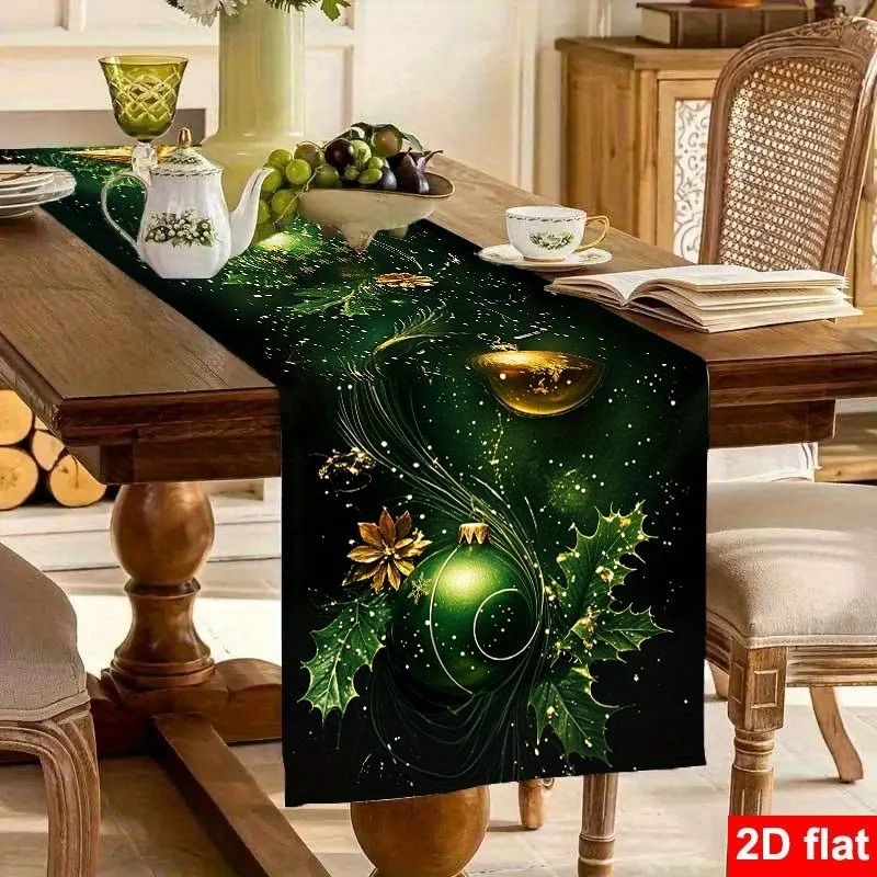 Dark Green Christmas Table Runner Green Bauble Holly Leaf Golden Glitter Snow Print for Dining Table Xmas Holiday Home Decor