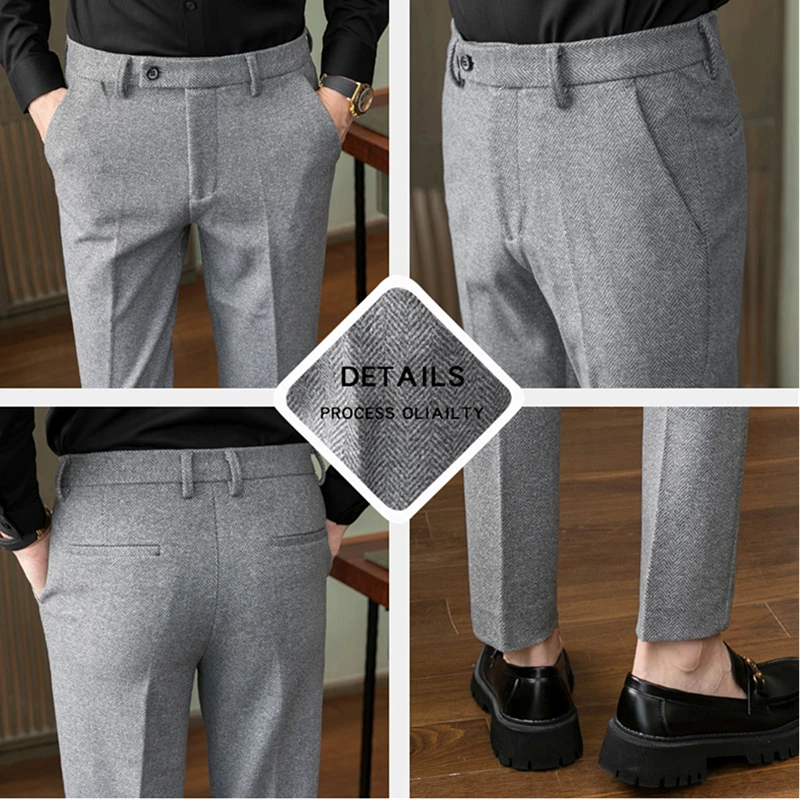 Autumn New Men Gray Woolen Pants, Fashion Casual Sanded Trousers, Asian Size 28-36 Slim Suit Pantalon for Men