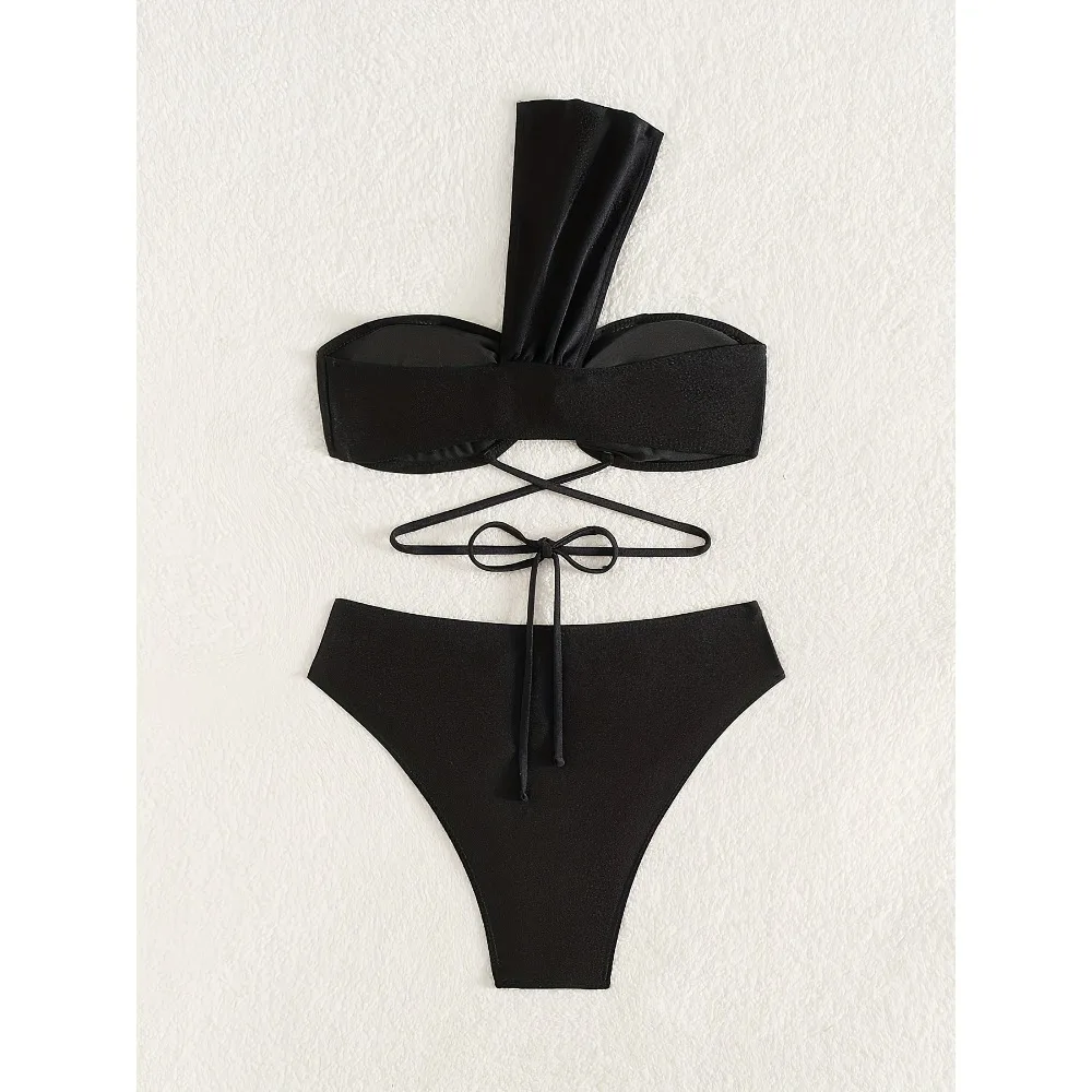Sexy une épaule noir Bikini 2025 femme maillot de bain deux pièces maillots de bain femme string Bikinis ensemble maillots de bain brésilien Biquini