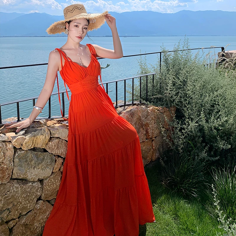 바이온 웨어 오렌지 V넥 밸 스트랩 드 여성용 롱 벨티드 드 시티 커뮤팅 슬레 엘라스틱 웨이스트 컷아웃 드