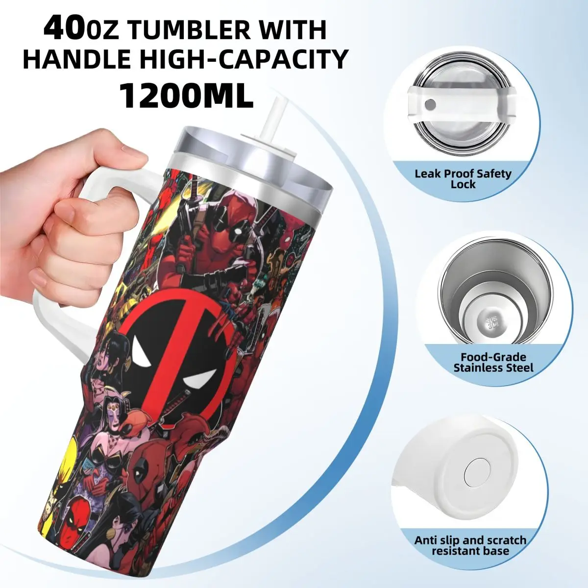 Cartoon Anime Deadpool Stainless Steel Tumbler Travel Mugs Cup 40oz Thermal Mug Portable Hot Drinks Milk Tea Water Bottle