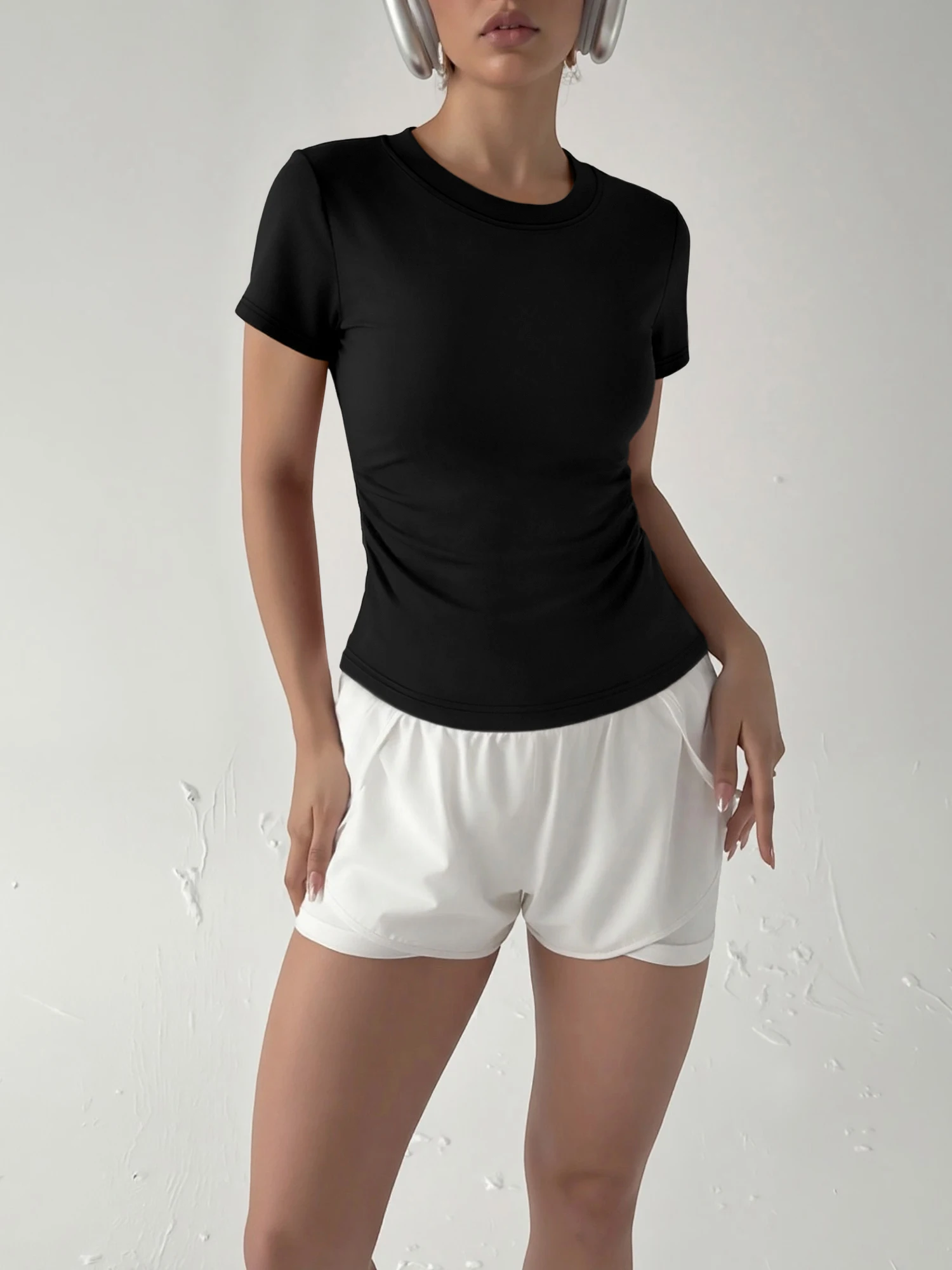 Spicy Girl Style Women Crew Neck Short Sleeve Top Solid Side Ruched Waist High Stretch Slim Bodycon Casual Club Daily Tees