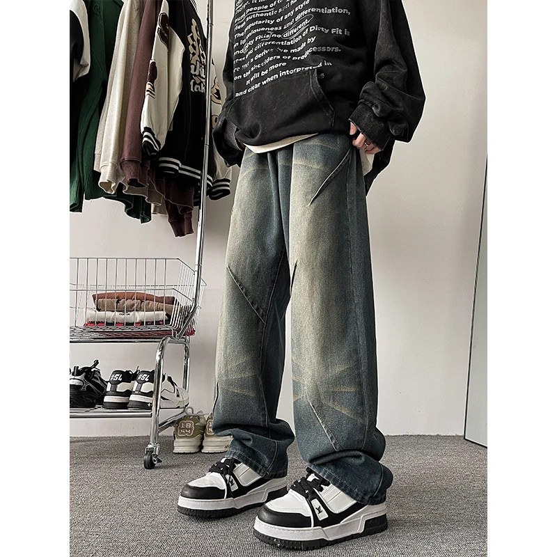 

Men's Vintage Chic Jeans Fashion Washed Streetwear Casual Wide Leg Denim Pants Distressed Loose Male Hip Hop Trousers