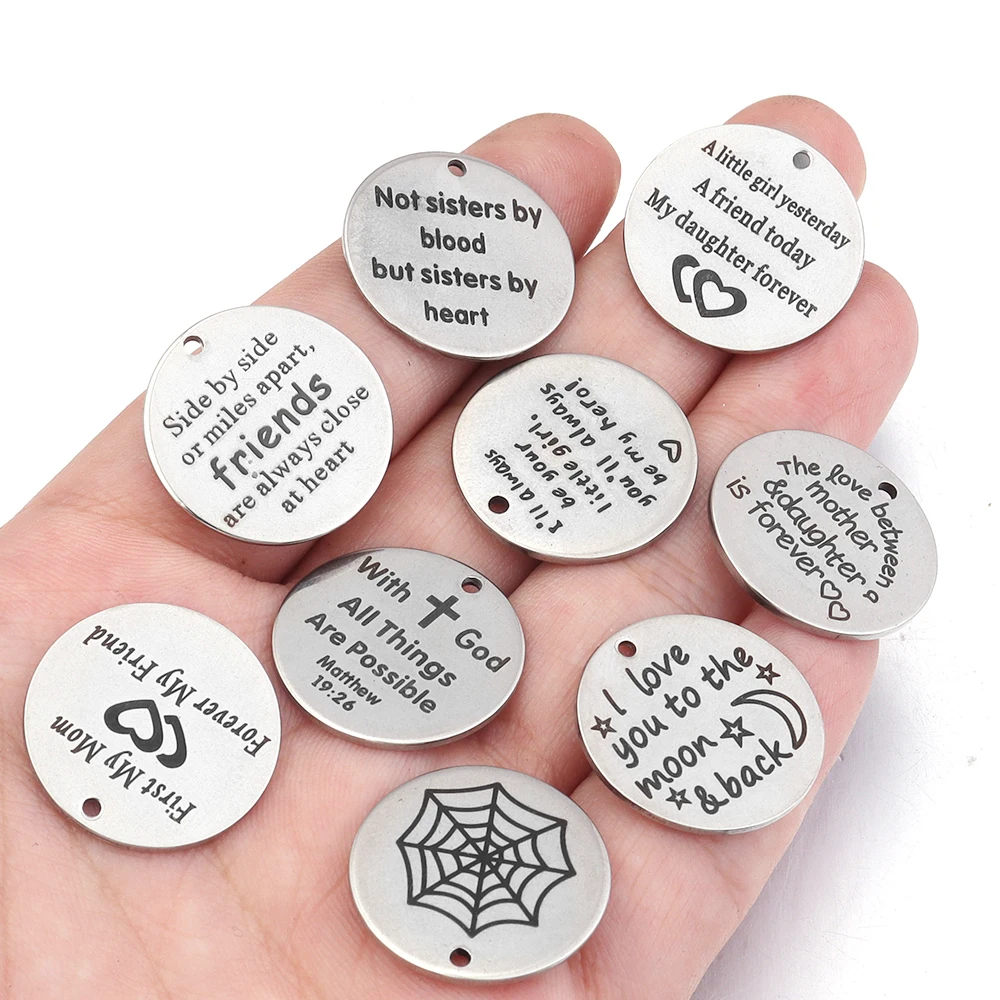 5pcs Stainless Steel Engraving Pendant Kinship Friendship Love Sentence Round Charms Gifts For Jewelry Making DIY Necklace