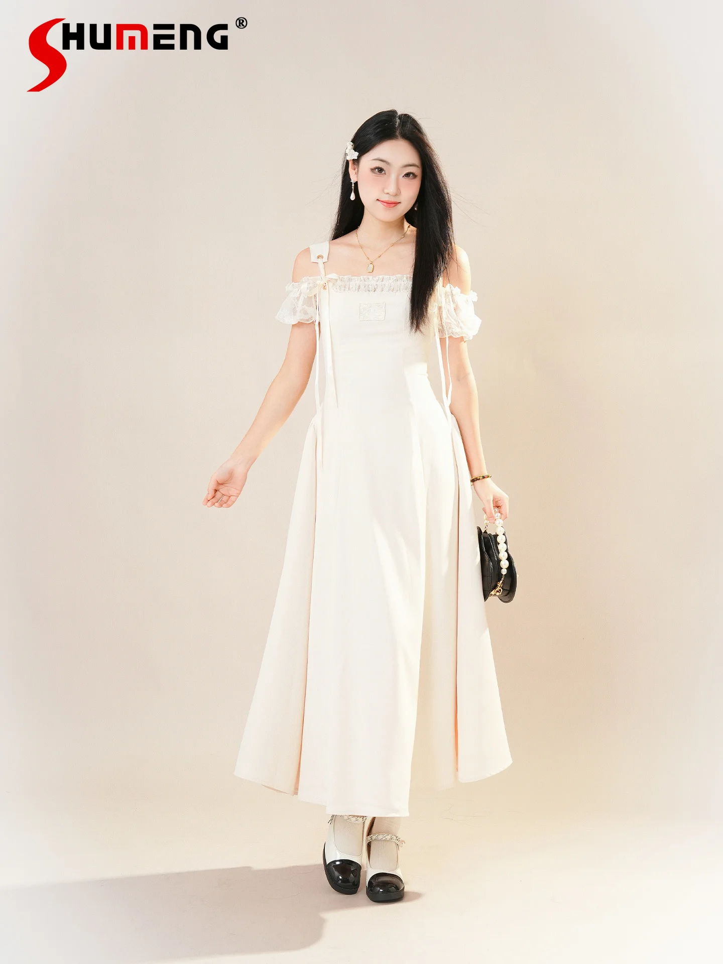 

Mine Style Sweet Girl Dress Summer Lace Splicing Off-shoulder Bubble Sleeve Lace-up Bow High Waist Slim A-line Long Dress Women