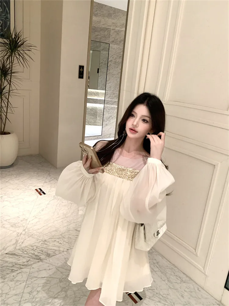 Sheer Mesh Pailletten Patchwork Beige Chiffon Super Mini Kleid Frühling Sommer Frauen Lange Laterne Hülse Kurze Lose Party Kleid