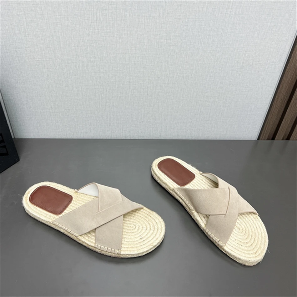 Espadrille en daim pour hommes, sandales de marche de luxe pour hommes, chaussures plates entrecroisées, cuir véritable et tissé, haute qualité, nouveau, 2024