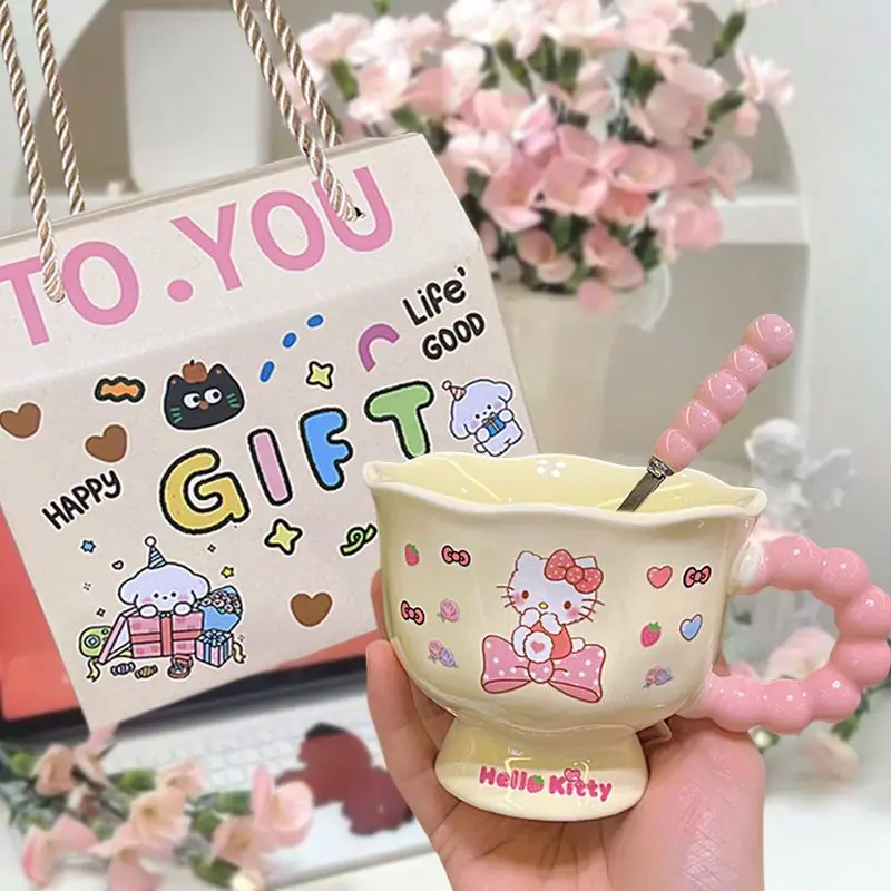 

Kawaii Hello Kitty Sanrio Student Cute Cartoon Ceramic Coffee Cup Children Drink Milk Cup Living Room Decoration Gift for Kids
