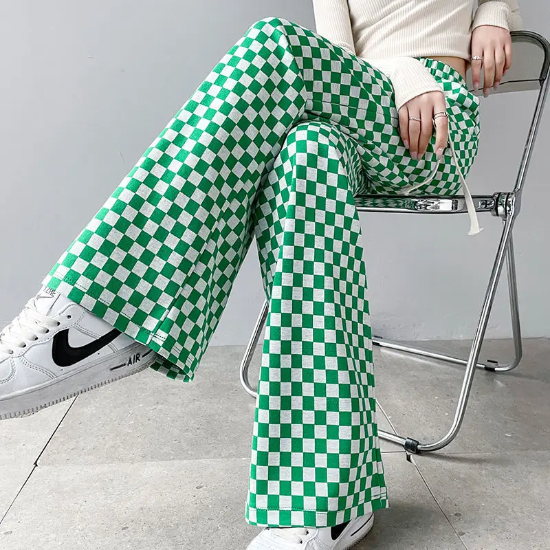 Women's Elastic Waist Drawstring Plaid Flared Wide Leg 2023 Spring and Summer New Loose Straight High Waist Pocket Casual Pants