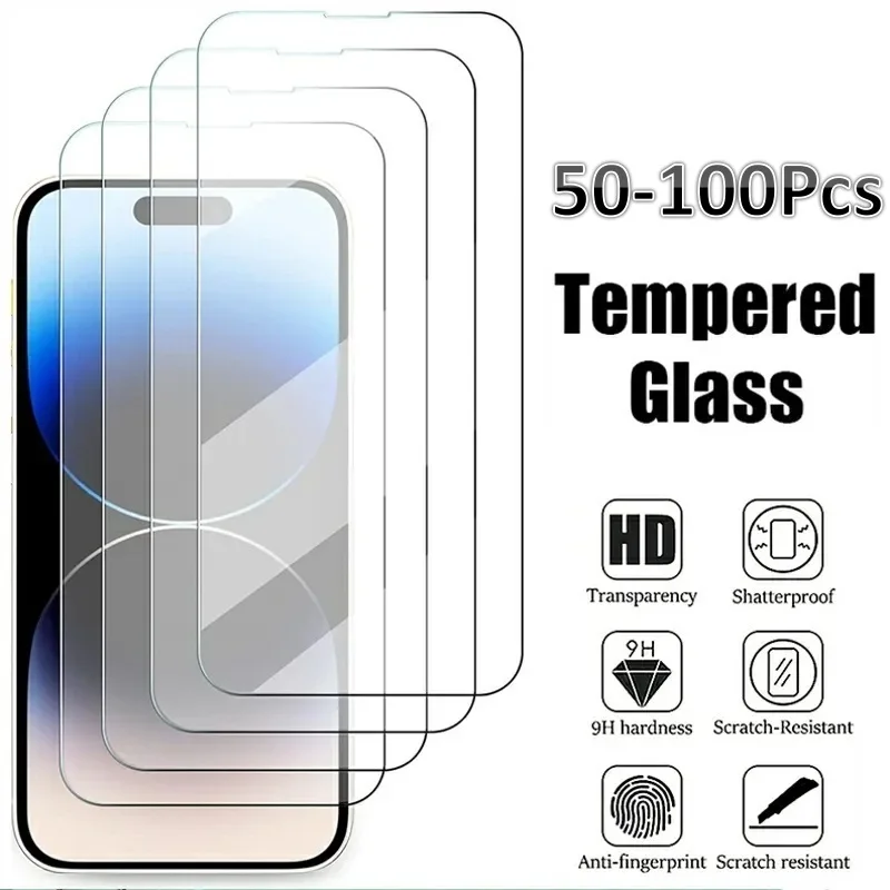 50-100Pcs Tempered Glass For iPhone 15 14 13 12 11 Pro Max Mini Screen Protector for iPhone 8 7 6 6S 5 Plus X XR XS Max SE 2022