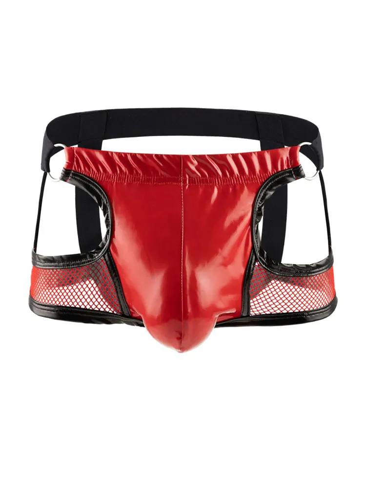

Men's PU Panties Double Thong Hollow Out Butt Sexy Mesh See Through Low Waist Boxer U Bulge Pouch Sheath Shaping Underwear Gay