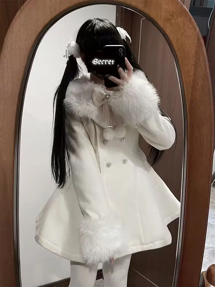 Zimowy, nowy, japoński, dopasowany płaszcz z długim rękawem, modny, elegancki, z futrzanym kołnierzem, koronkowy płaszcz damski, szykowny, słodki płaszcz z wełny.