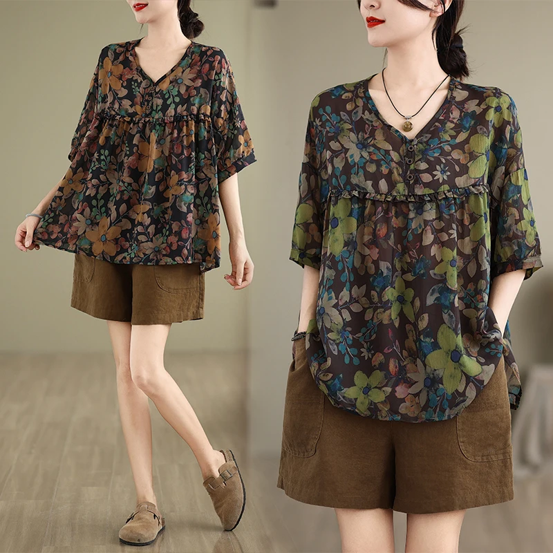 

Свободная футболка из хлопка и льна ort Sve, женская летняя верхняя одежда больших размеров, летняя одежда для мам, топ с принтом V-Ne