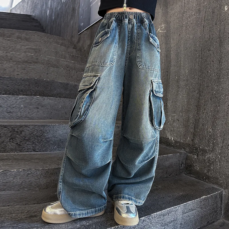 

Girls Multi-Pocket Blue Washed Jeans Kids Cargo Retro Streetwear Wide Leg Pants Children's Fashion High Waist Casual Trousers
