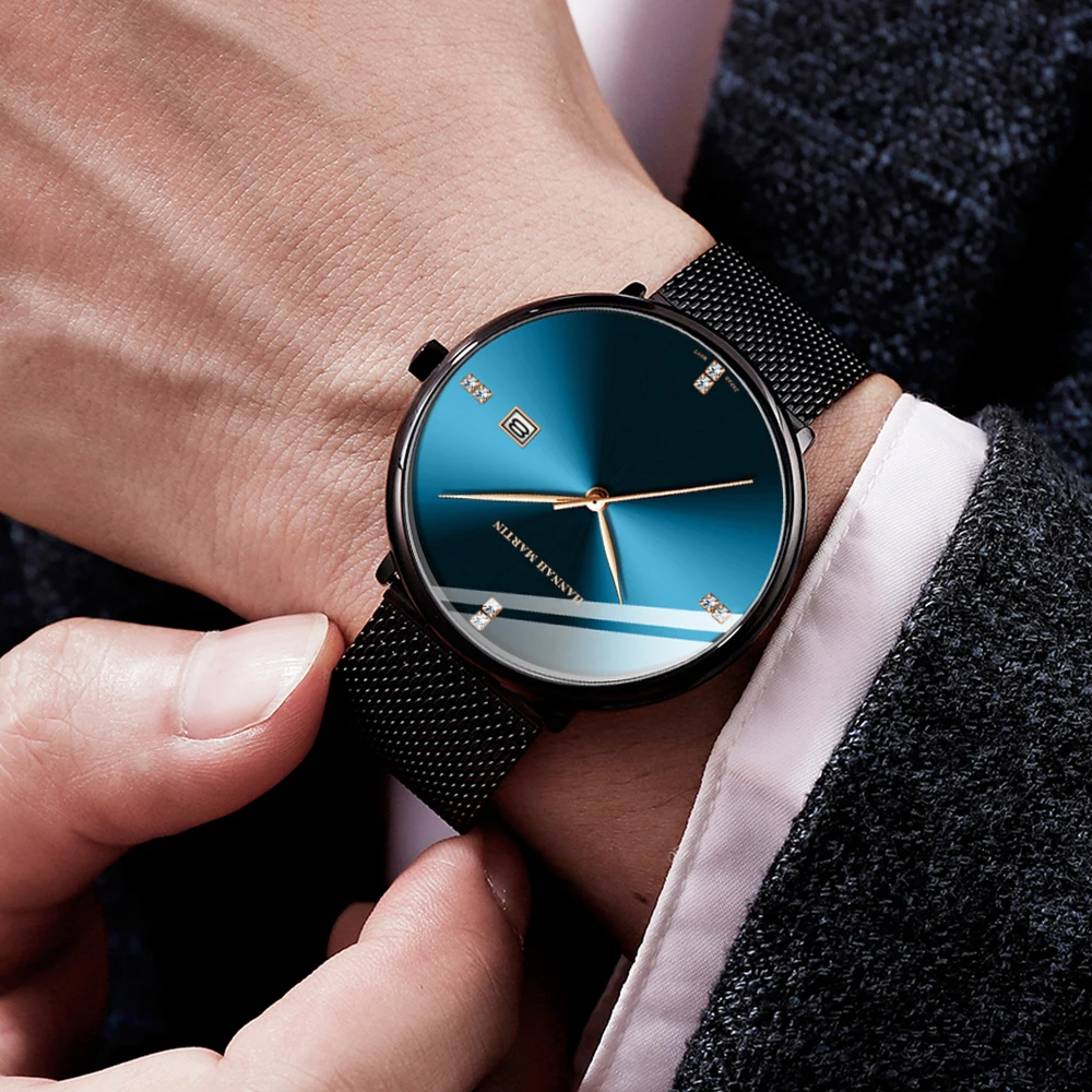 Hannah Martin Original Blue Black Business Style Quartz Movement Watch Luxury Rhinestone Japanese Casual Fashion Steel Watches