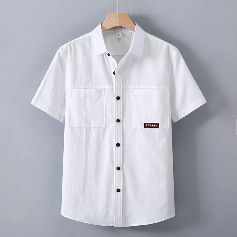 High-quality Pure Cotton Cargo Short Sleeve Shirt For Men Solid Color Summer Loose Oversized Work Shirt With Chest Double Pocket