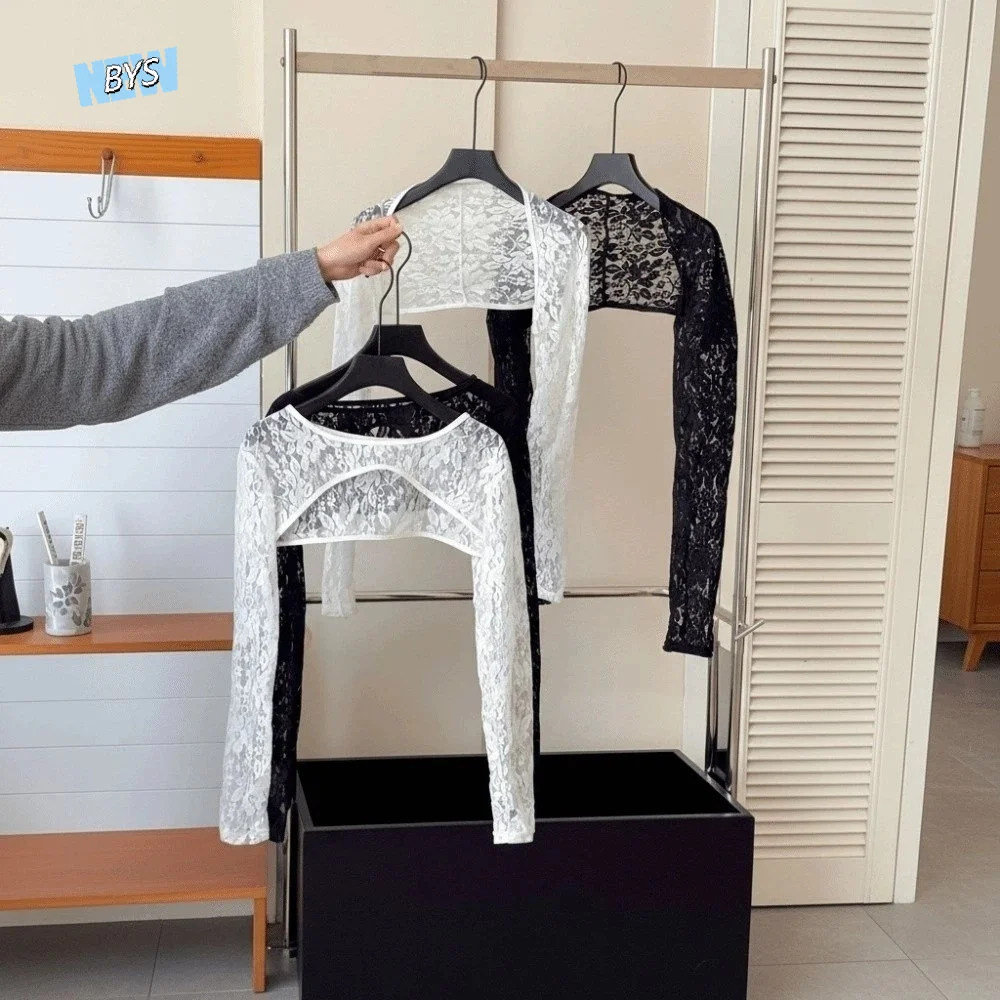 

Long Sleeve Lace Sun Protection Tank Top Lightweight Breathable Elastic Flower Printed Shawl Fashion Mesh Top