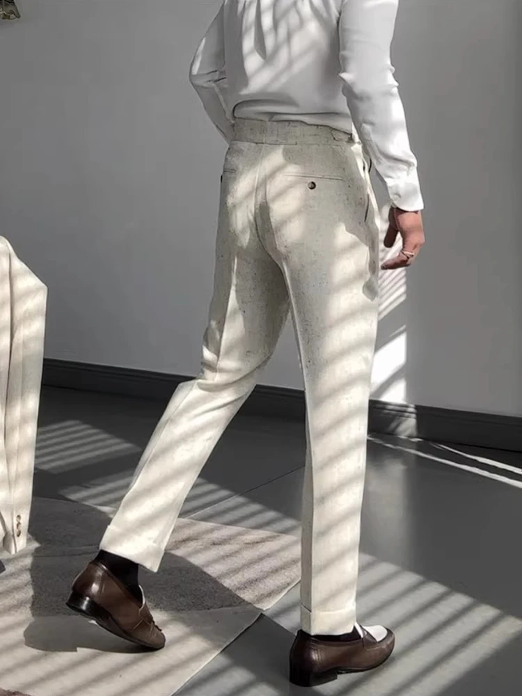 Naples Style High Waist Belt Woolen Trousers Men Fall Winter Solid Color Casual Pants For Mens Vintage Pleated Straight Trousers