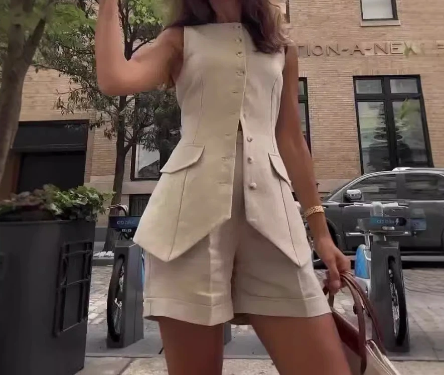 Two Piece Set Women Outfit 2025 Spring New Fashion Solid Color Slim Fit Sleeveless Vest & High Waisted Casual Shorts Set