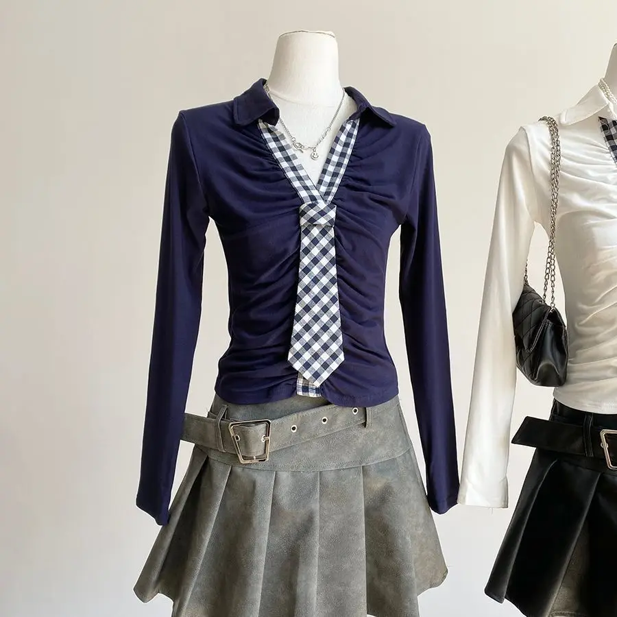 New Women's Autumn And Spring Casual Fitted Waist-hugging Korean Style Plaid Bow Collar Pleated V-neck T-shirt