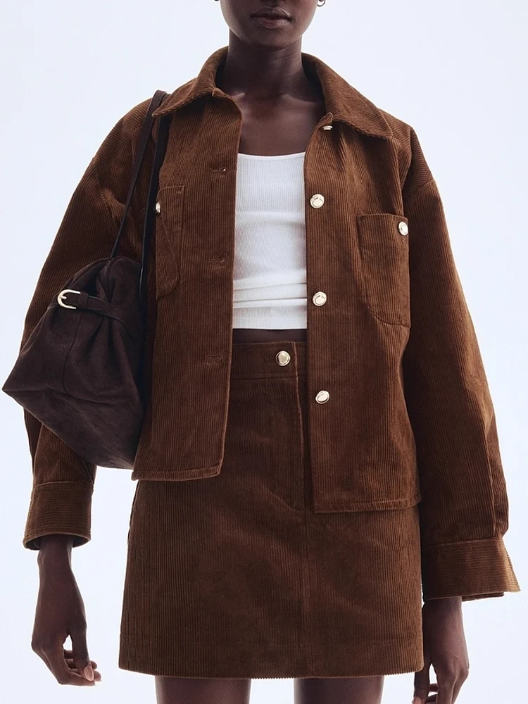 2025 패션 브랜드 가을 신상 여성 코듀로이 빅사이즈 긴팔 라펠 포켓 재킷