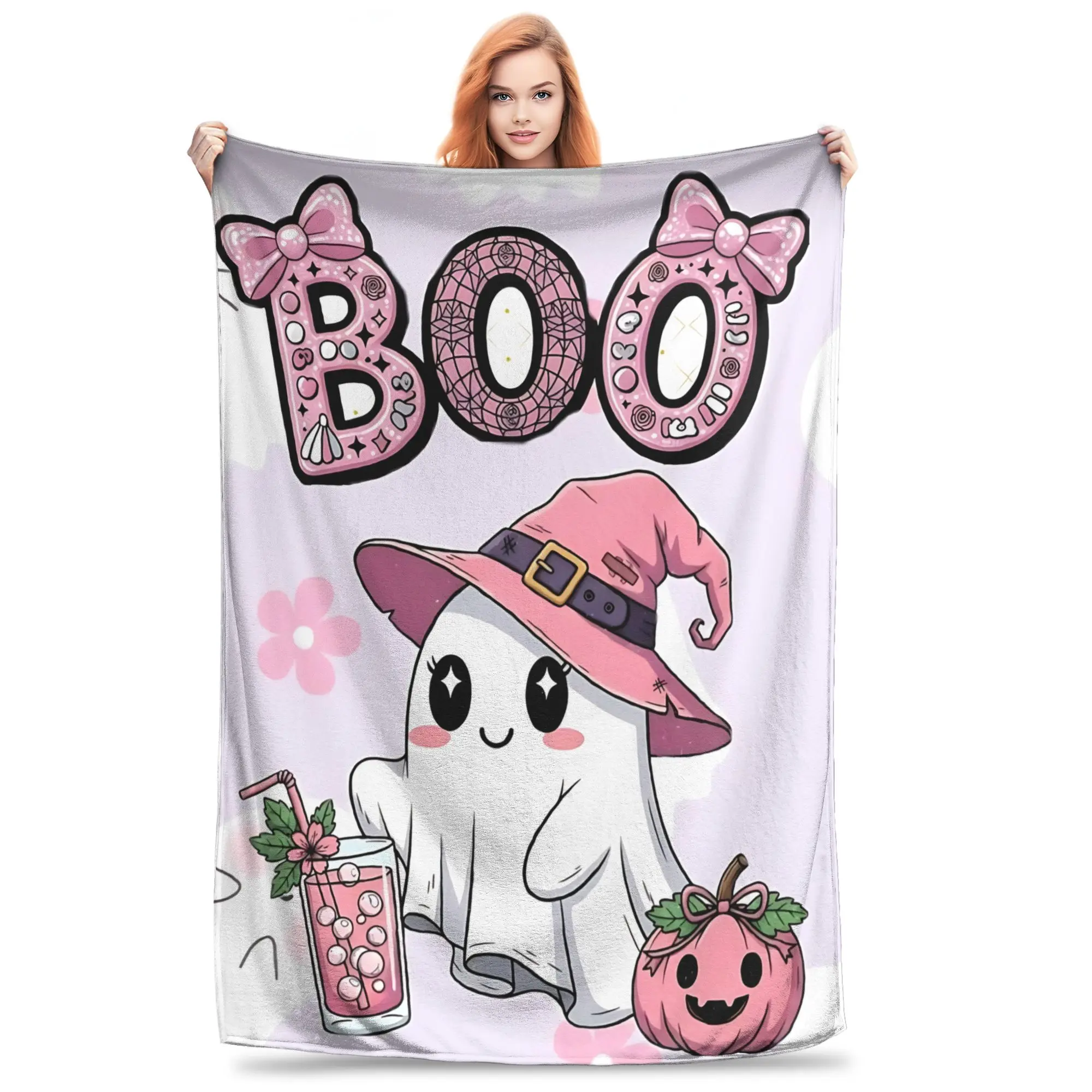1PC Home Pinkoween Ghost Blanket Throw Blanket  Novelty Warm Blanket All Season Gift for Happy Halloween Give Thanks