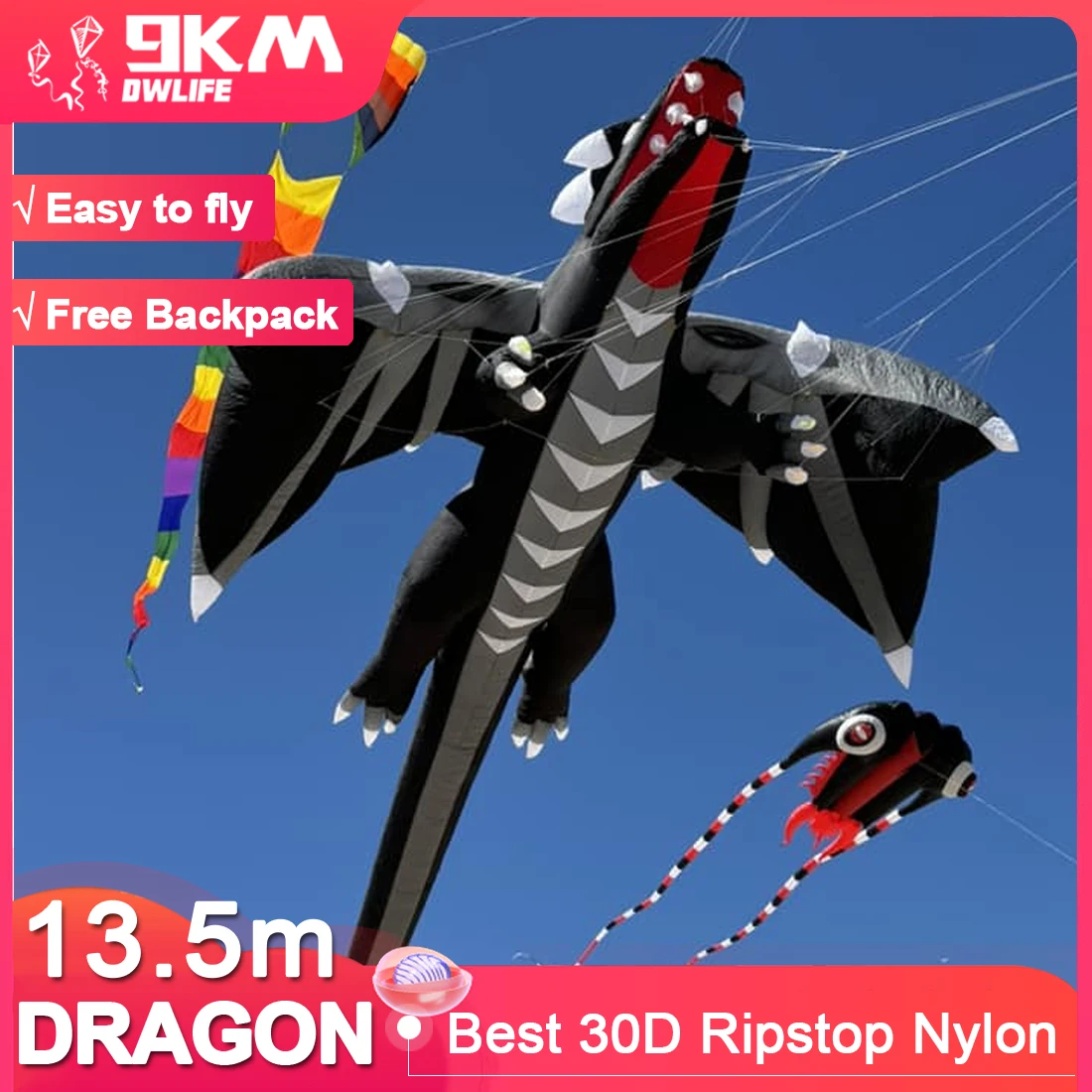 

9KM Giant 13.5m Dragon Kite Line Laundry Kite Soft Inflatable 30D Ripstop Nylon with Bag for Kite Festival (Accept wholesale)