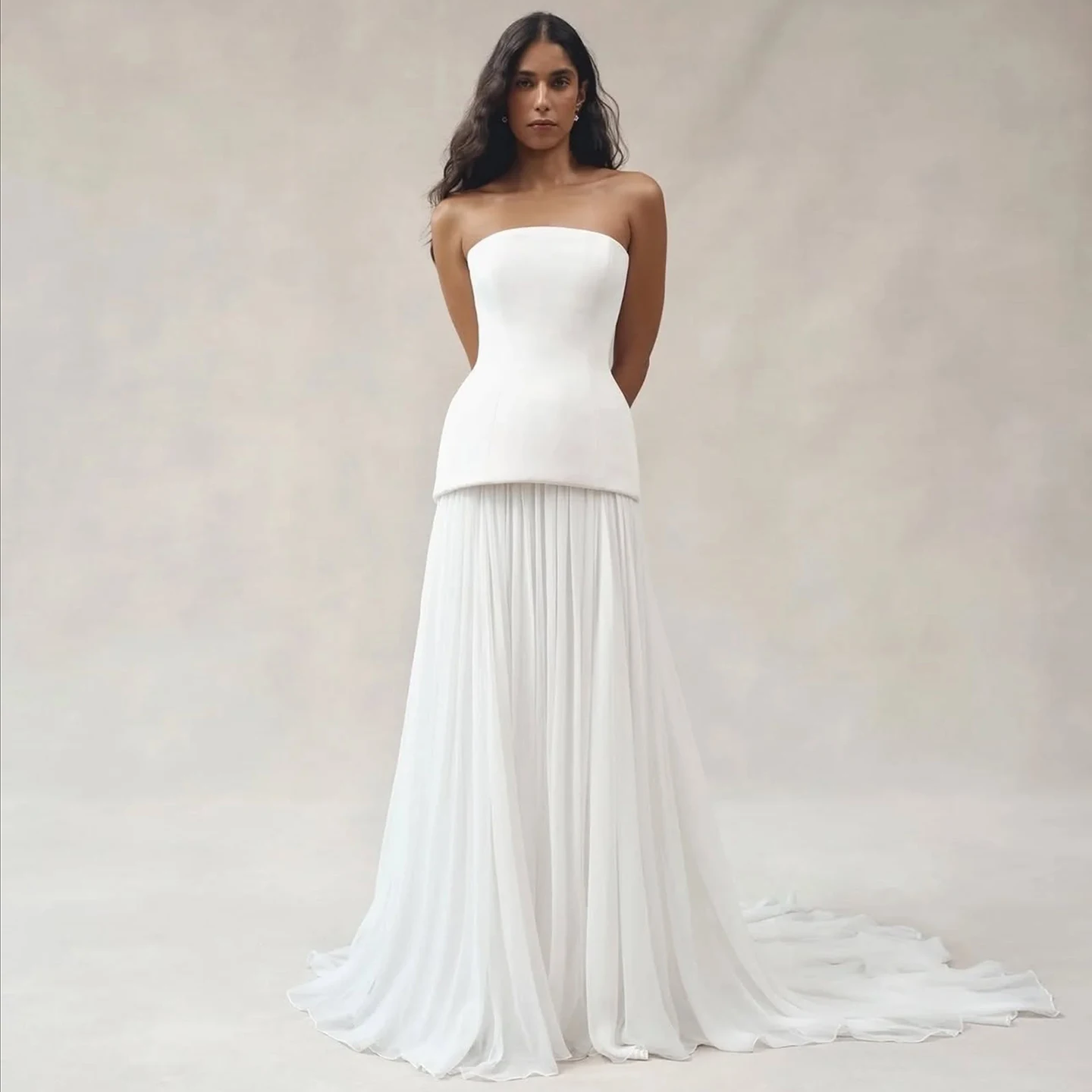 

Sharon Said Elegant White Two Pieces Strapless Evening Dresses Pleated for Women Wedding Party Prom Gowns Dubai SS007 Customized