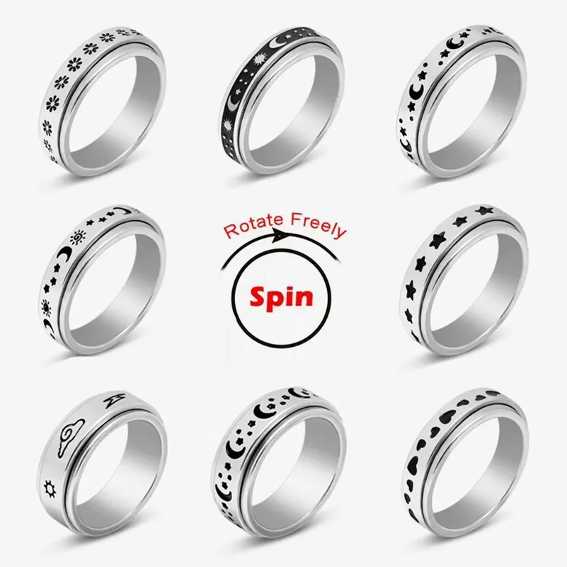 Rotate Freely Spinning Stainless Steel Anxiety Ring For Women Moon Star Spinner Fidgets Ring Anti Stress Men's Jewelry Anillos