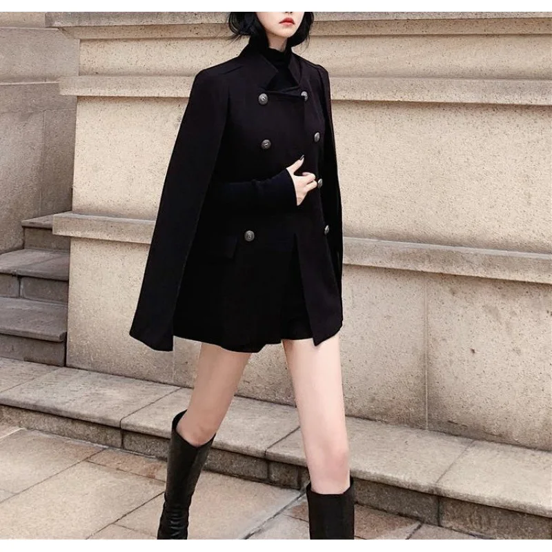 

Winter clothing Korean version 2025 new trendy black cape coat versatile loose collar mid-length woolen coat for women