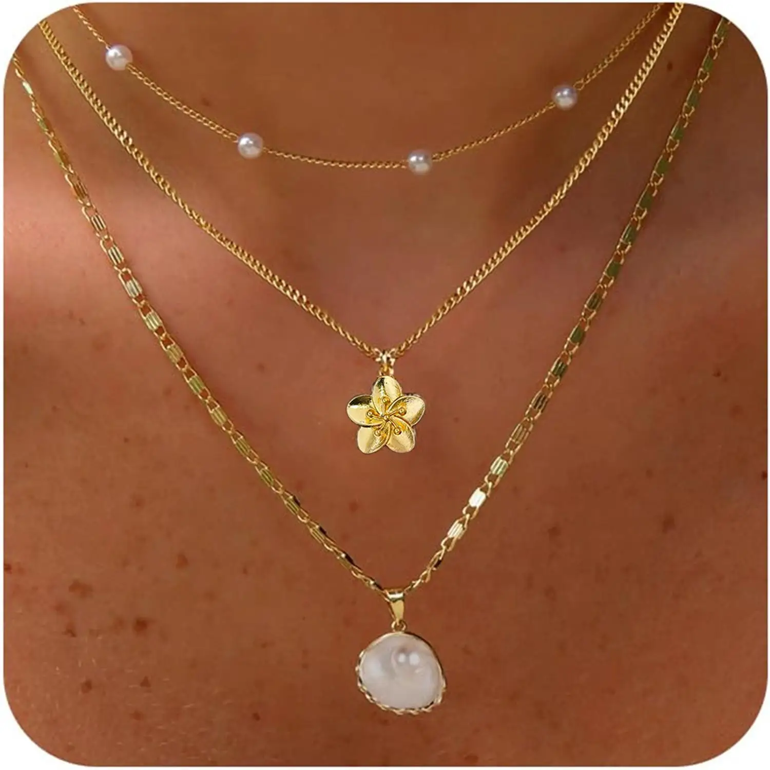 Layered Pearl Shell Necklace Floral Exotic Elegant Lightweight for Women Daily Boho Party Jewelry Collection